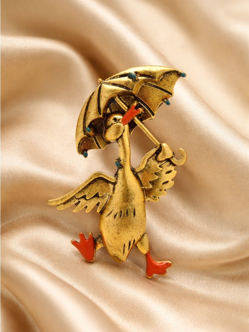 Vintage Gold Duck Brooch | Umbrella Pin Cute Statement